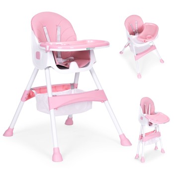Child feeding chair with tray and basket, 5-point harness, pink, ECOTOYS