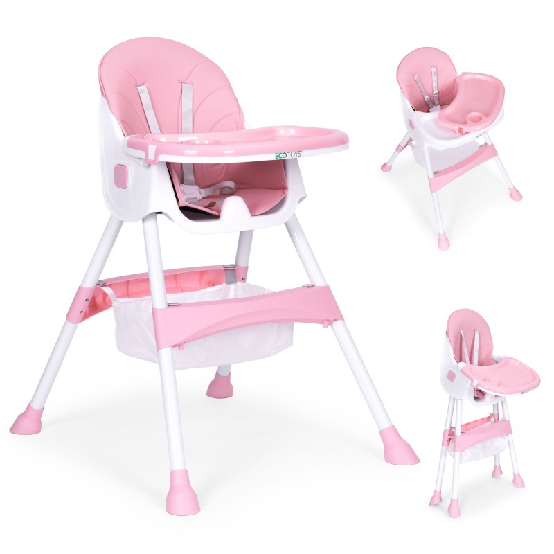 Child feeding chair with tray and basket, 5-point harness, pink, ECOTOYS