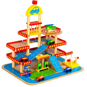 Large wooden garage with lift + cars Ecotoys