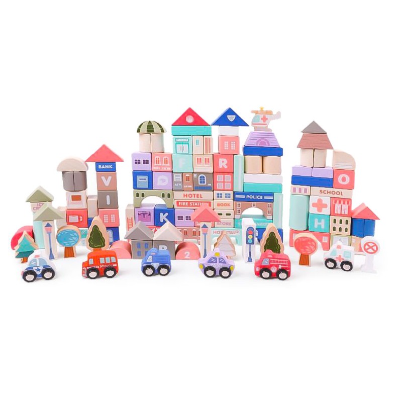 Wooden educational blocks city with a mat 115 pcs ECOTOYS