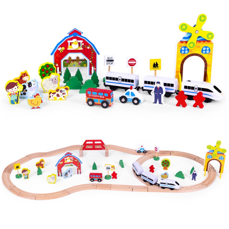 Wooden railroad train set for batteries Ecotoys