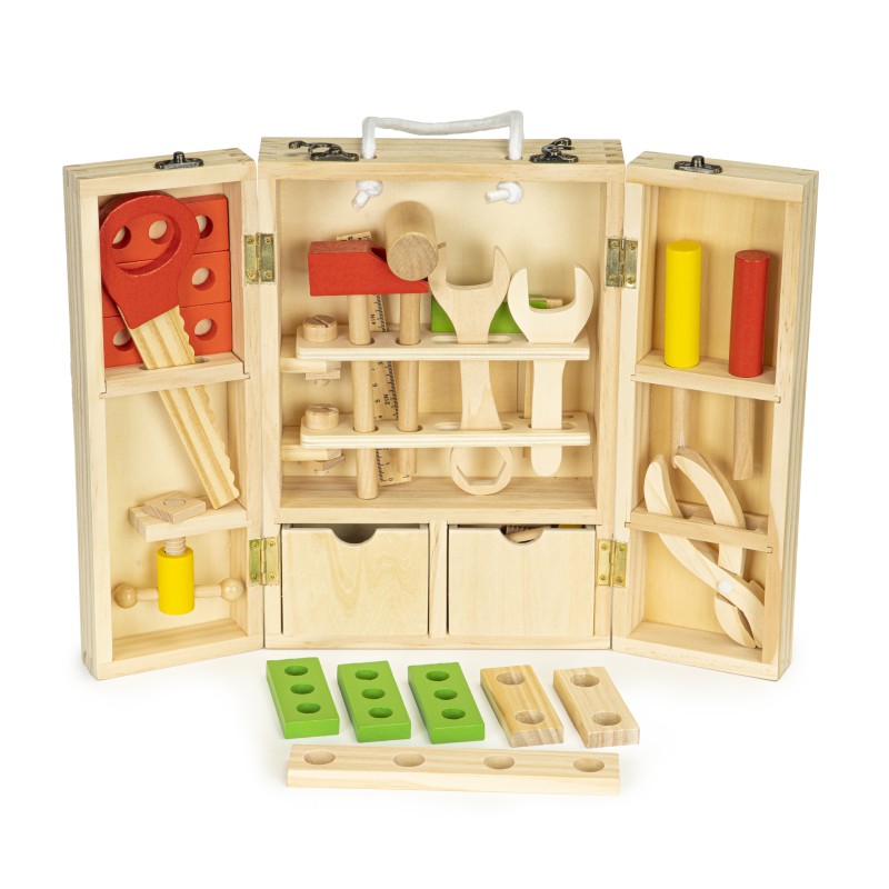 Wooden tools in a workshop box, XXL set ECOTOYS