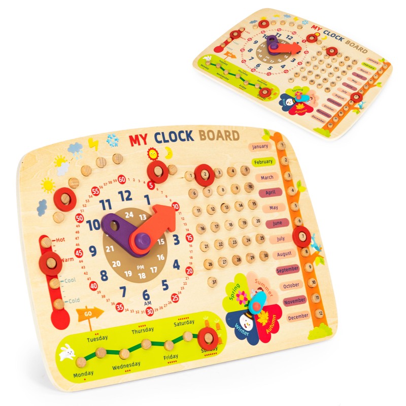 Wooden manipulation board for children, calendar clock ECOTOYS