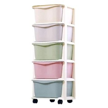 Plastic shelf on wheels for children, cabinet with drawers