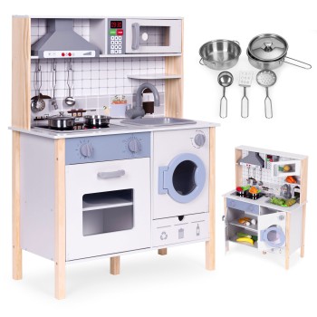 Wooden Play Kitchen for Kids with Sounds, LED, Oven, Washing Machine, Kitchen Accessories ECOTOYS