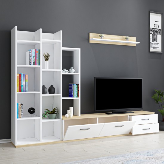 Σύνθετο σαλονιού Leman pakoworld σε λευκή-oak απόχρωση 240x35x154εκ Σύνθεση σαλονιού Leman pakoworld σε λευκή-oak απόχρωση 240x35x154εκ