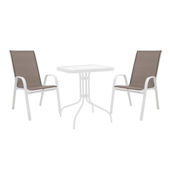 Τραπεζαρία Watson-Calan pakoworld σετ 3τεμ μέταλλο λευκό- γυαλί 70x70x70εκ