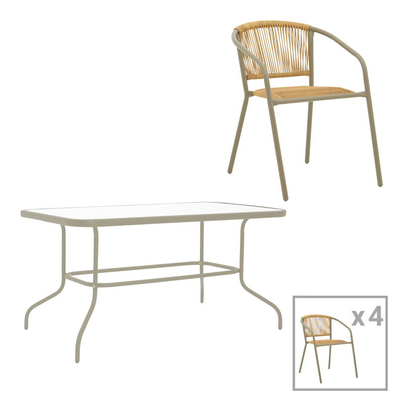Τραπεζαρία Valor-Lindaria pakoworld σετ 5τεμ μέταλλο σε σαμπανιζέ και pe rattan σε φυσική απόχρωση 110x60x70εκ