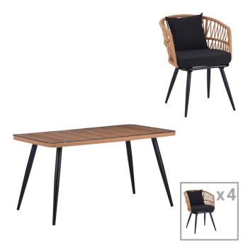Τραπεζαρία Naoki σετ 5 τεμ pakoworld γυάλινο- pe rattan σε φυσική απόχρωση με μαυρα πόδια 140x80x78εκ
