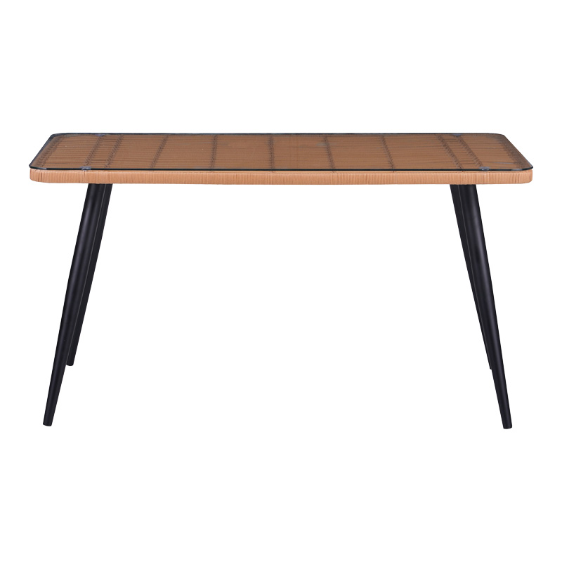 Τραπεζαρία Naoki-Tanish σετ 5 τεμ pakoworld γυάλινο- pe rattan σε φυσική απόχρωση με μαυρα πόδια 140x80x78εκ