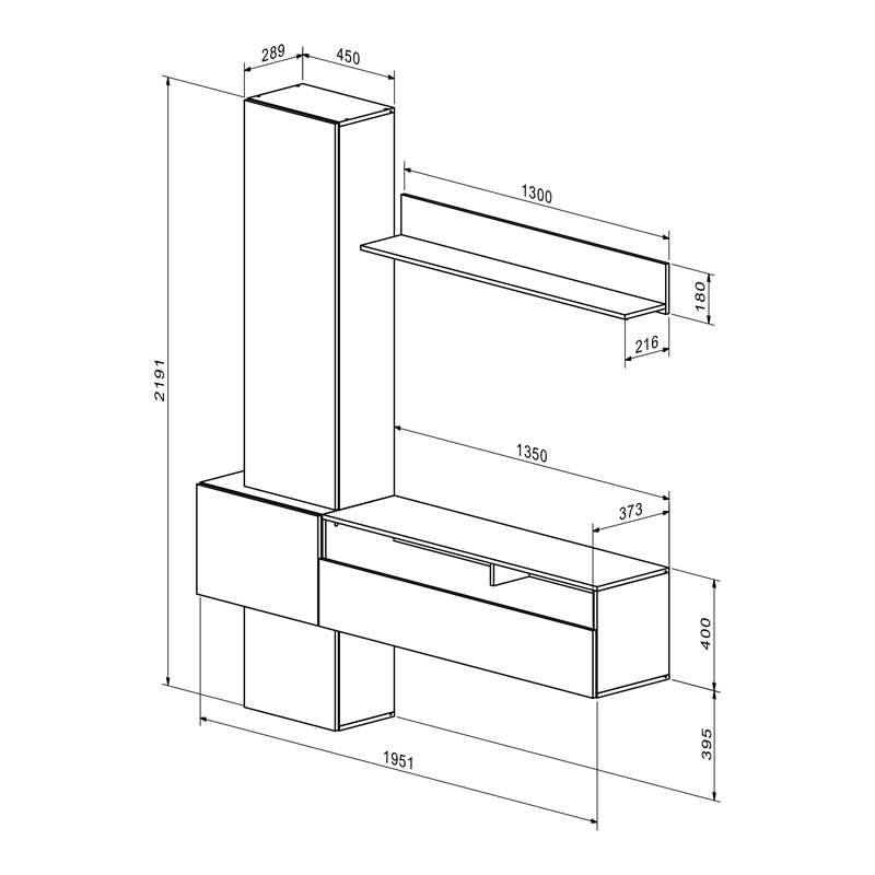 Σύνθετο σαλονιού Wendy pakoworld σε oak-μαύρη απόχρωση 195.1x37.3x219.1εκ