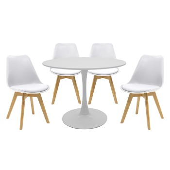 Τραπεζαρία Balou-Gaston σετ 5τεμ pakoworld MDF και pp σε λευκή-φυσική απόχρωση Φ100x73εκ