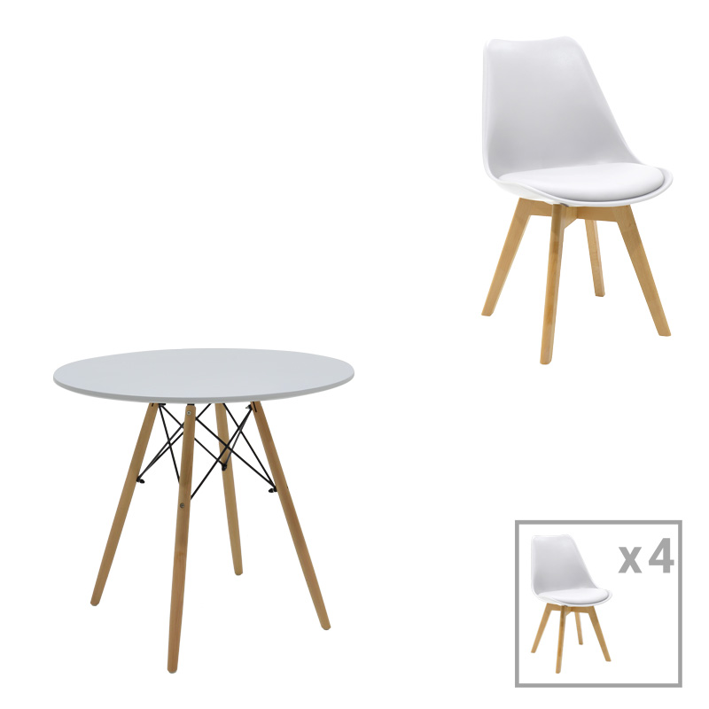 Τραπεζαρία Julita-Gaston σετ 5τεμ pakoworld MDF και ξύλο οξιάς σε λευκή-φυσική απόχρωση Φ80x73εκ