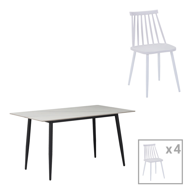 Τραπεζαρία Aurora I-Gustas pakoworld σετ 5τεμ sintered stone-μαύρο-λευκό 120x60x75εκ