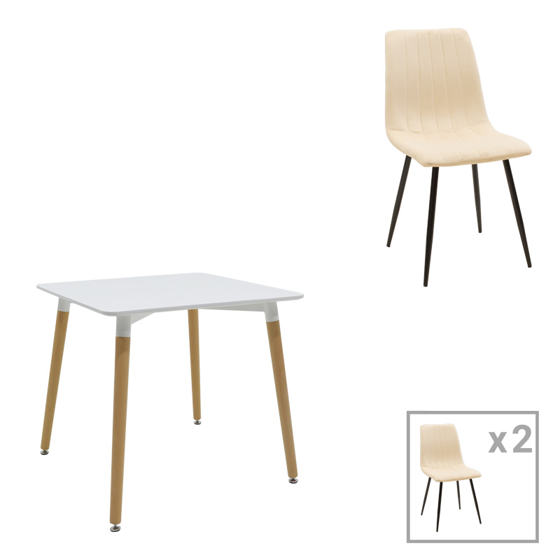 Τραπεζαρία Natali-Noor pakoworld σετ 3τεμ  MDF λευκό-μπεζ-πόδια φυσικό 80x80x76εκ