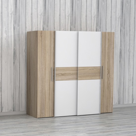 Ντουλάπα ρούχων Closet pakoworld τετράφυλλη sonoma oak-λευκό μελαμίνης 200x61.5x190.5εκ Ντουλάπα ρούχων Closet pakoworld τετράφυλλη sonoma oak-λευκό μελαμίνης 200x61.5x190.5εκ