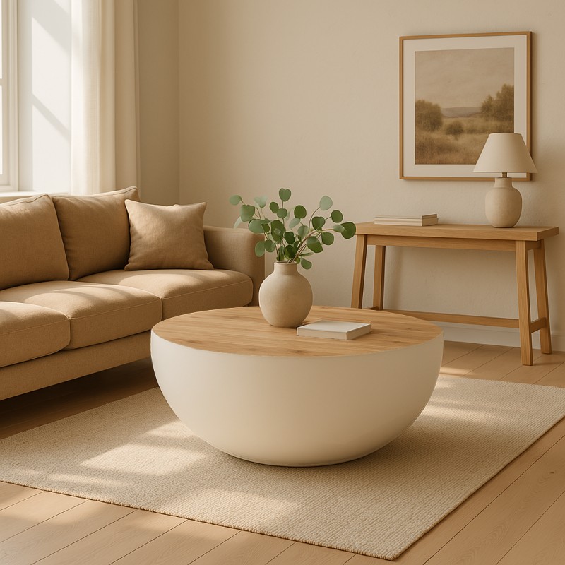 Τραπέζι σαλονιού Coffelty Inart λευκό μέταλλο-μασίφ ξύλο ακακίας Φ90x40εκ