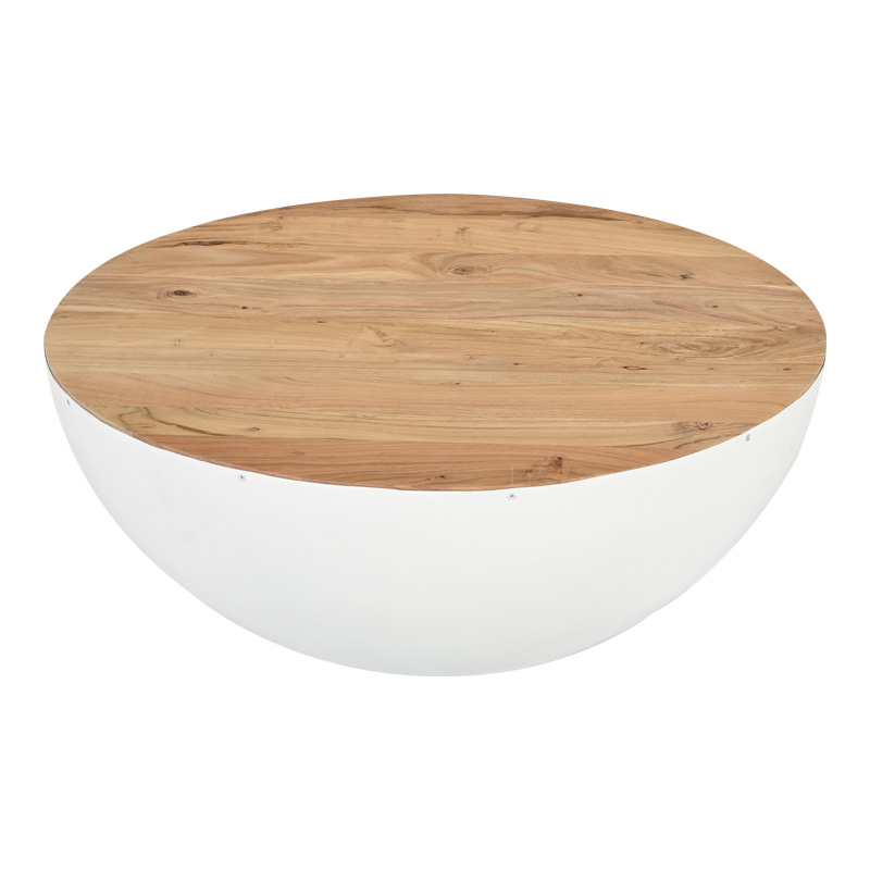 Τραπέζι σαλονιού Coffelty Inart λευκό μέταλλο-μασίφ ξύλο ακακίας Φ90x40εκ