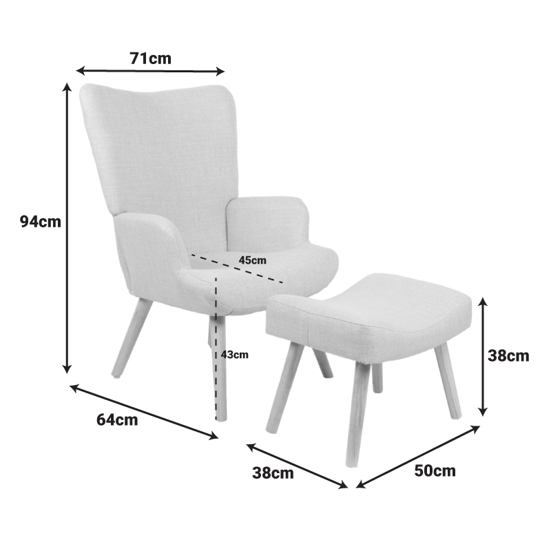 Πολυθρόνα-μπερζέρα με υποπόδιο Gerlina pakoworld κρεμ ύφασμα με πόδι σε φυσική απόχρωση 71x64x94εκ