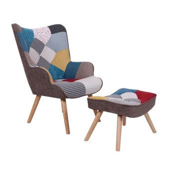 MARON Set: Πολυθρόνα Μπερζέρα + Σκαμπό Υποπόδιο, Ξύλο Φυσικό, Ύφασμα Patchwork