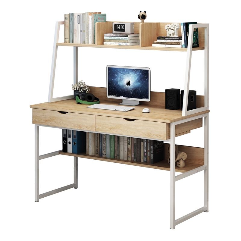 ΓΡΑΦΕΙΟ 2 Συρτάρια 2 Ράφια Μέταλλο Βαφή Άσπρο, MDF - Melamine Απόχρωση Maple