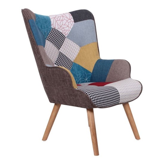 MARON Πολυθρόνα - Μπερζέρα Ξύλο Φυσικό, Ύφασμα Patchwork MARON Πολυθρόνα - Μπερζέρα Ξύλο Φυσικό, Ύφασμα Patchwork