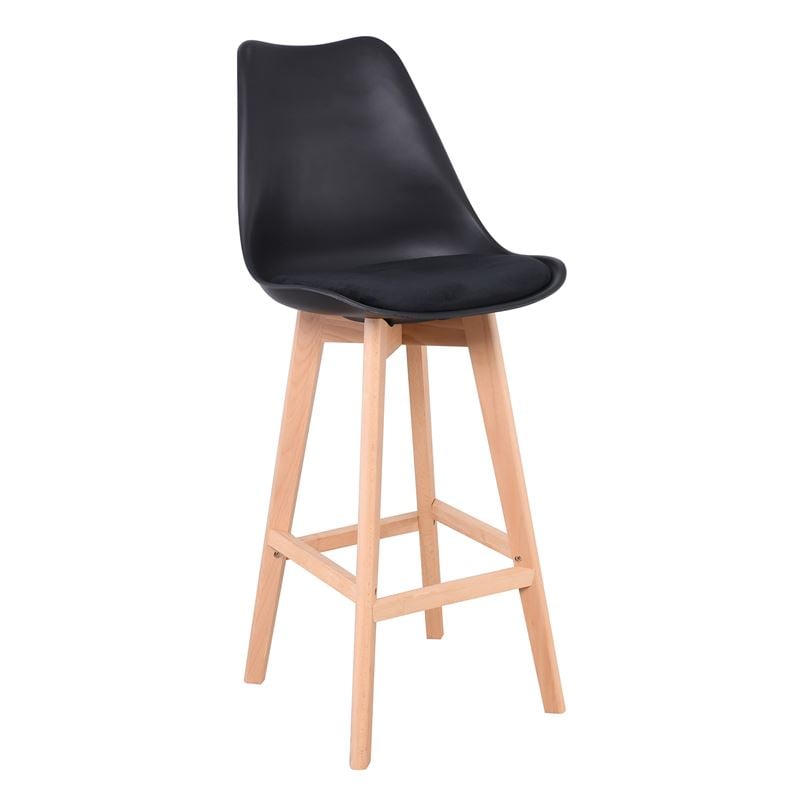 MARTIN Σκαμπό BAR Οξιά Φυσικό, Μαύρο PP & Ύφασμα Velure, Μονταρισμένη Ταπετσαρία