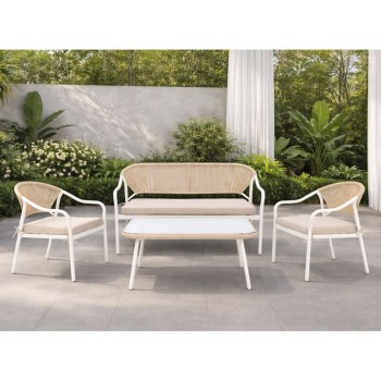 PALERMO Set Καθιστικό Κήπου Μεταλλικό Άσπρο,Wicker Φυσικό: Τραπέζι+2 Θέσιος+2 Πολυθρόνες