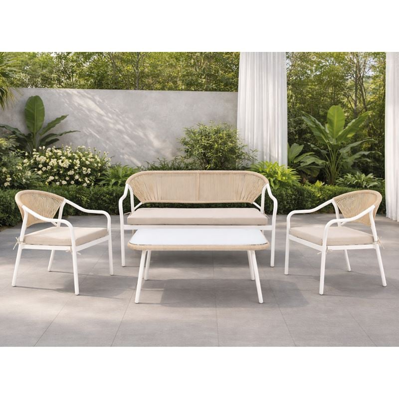PALERMO Set Καθιστικό Κήπου Μεταλλικό Άσπρο,Wicker Φυσικό: Τραπέζι+2 Θέσιος+2 Πολυθρόνες