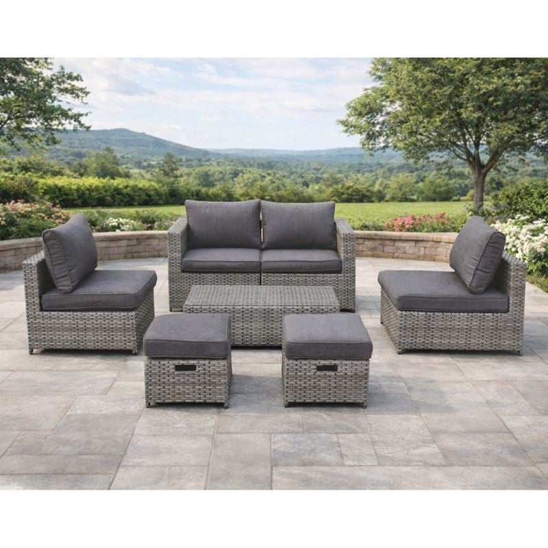 BALI Set Μέταλλο - Wicker: Τραπέζι+ 2θ Καναπέ+ 2 Σκαμπό+ 2 καθίσματα, Απόχρωση Γκρι