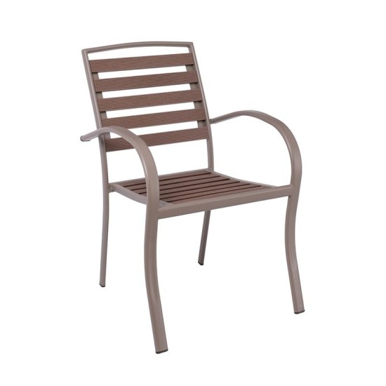 SERRANO Πολυθρόνα Κήπου Μέταλλο Βαφή Sand Beige, Polywood Καρυδί, Στοιβαζόμενη SERRANO Πολυθρόνα Κήπου Μέταλλο Βαφή Sand Beige, Polywood Καρυδί, Στοιβαζόμενη