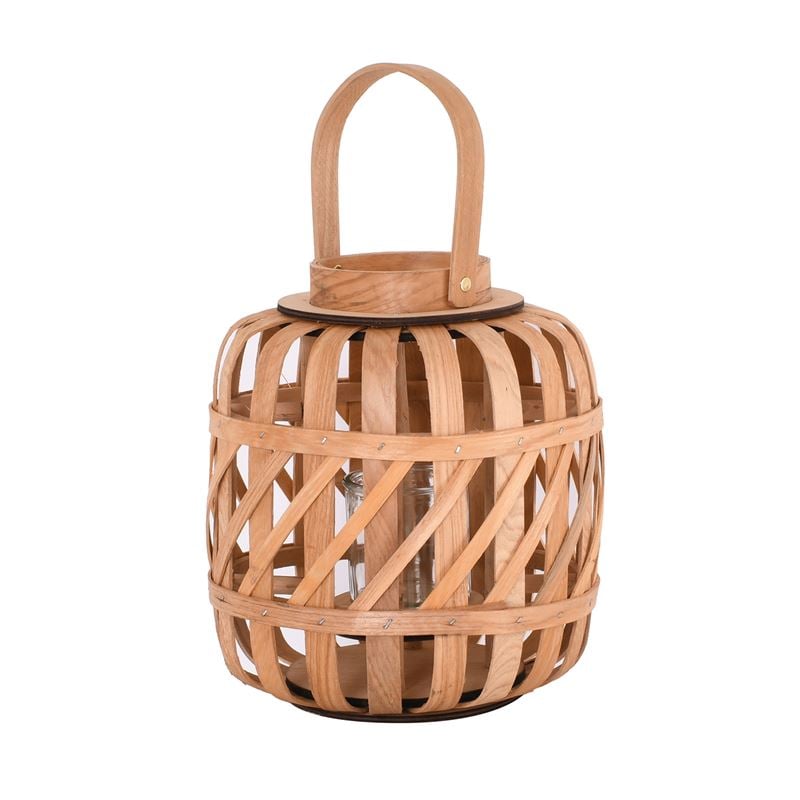 LANTERN ROUND Φανάρι Κήπου- Βεράντας Ξύλινο, Απόχρωση Φυσικό, με Γυάλινο ποτήρι