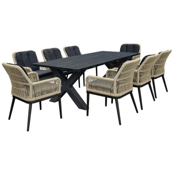 ALLEY Set Τραπεζαρία ALU Ανθρακί-Rope Φυσικό: Τραπέζι + 8 Πολυθρόνες με Μαξιλάρια