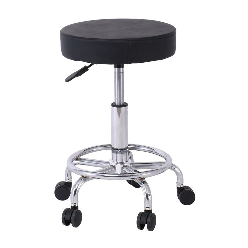 GLORY Σκαμπό με υποπόδιο, Βάση Χρώμιο, PU Μαύρο, Περιστρεφόμενο, Τροχήλατο