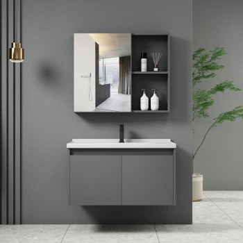 IDEA-1 Set Έπιπλο Μπάνιου Γκρι, Καθρέπτης + Πάγκος με Νιπτήρα και Μπαταρία