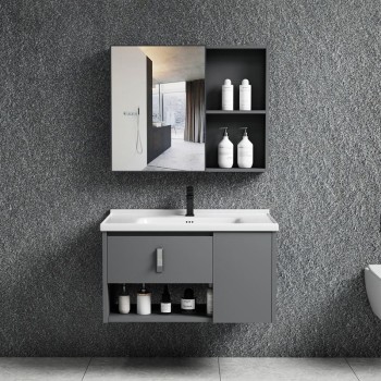 IDEA-2 Set Έπιπλο Μπάνιου Γκρι, Καθρέπτης + Πάγκος με Νιπτήρα και Μπαταρία