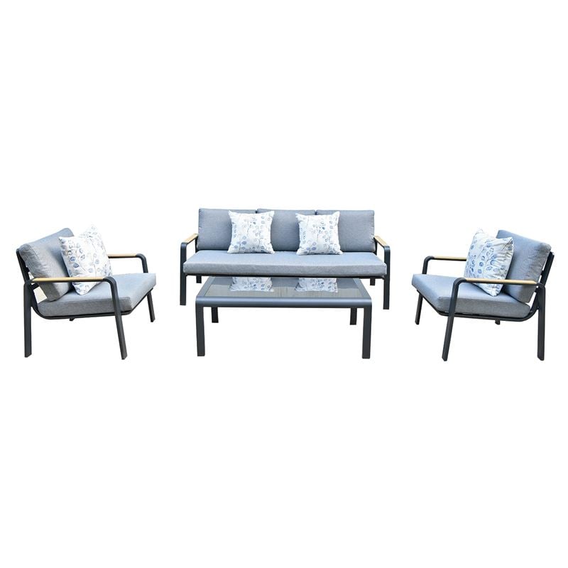 LATINO Set Σαλόνι Κήπου 4τεμ, Αλουμίνιο Μαύρο, Μαξιλάρια Γκρι, Γυαλί Μαύρο