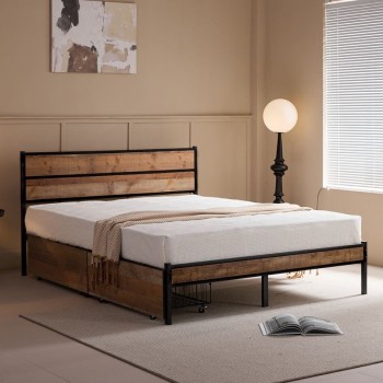 PALLET Κρεβάτι Διπλό-Συρτάρια, για Στρώμα 160x200cm, Μέταλλο Βαφή Μαύρο, Antique Oak