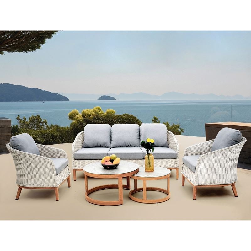 IBIZA Set Σαλόνι Κήπου: 3θέσιο +2 Πολυθρόνες+2 Τραπεζάκια ALU Φυσικό-Wicker Άσπρο-Μαξιλ.Γκρι