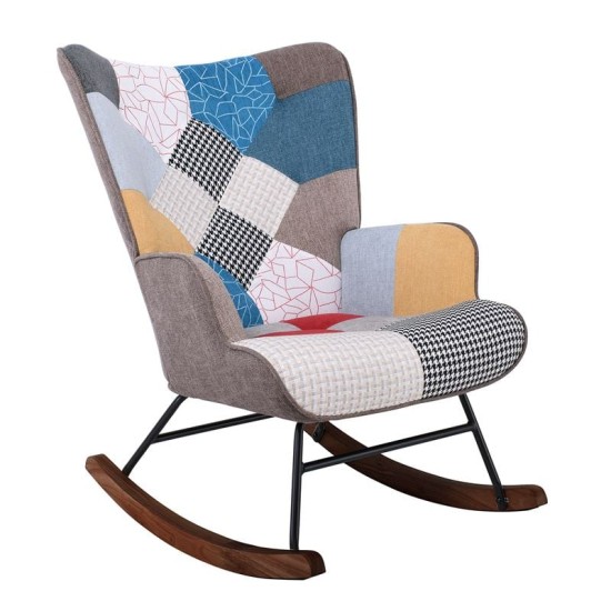 ALMA Rocking Πολυθρόνα Μπερζέρα Καθιστικού, Ύφασμα Patchwork, Βάση Μαύρο-Καρυδί ALMA Rocking Πολυθρόνα Μπερζέρα Καθιστικού, Ύφασμα Patchwork, Βάση Μαύρο-Καρυδί