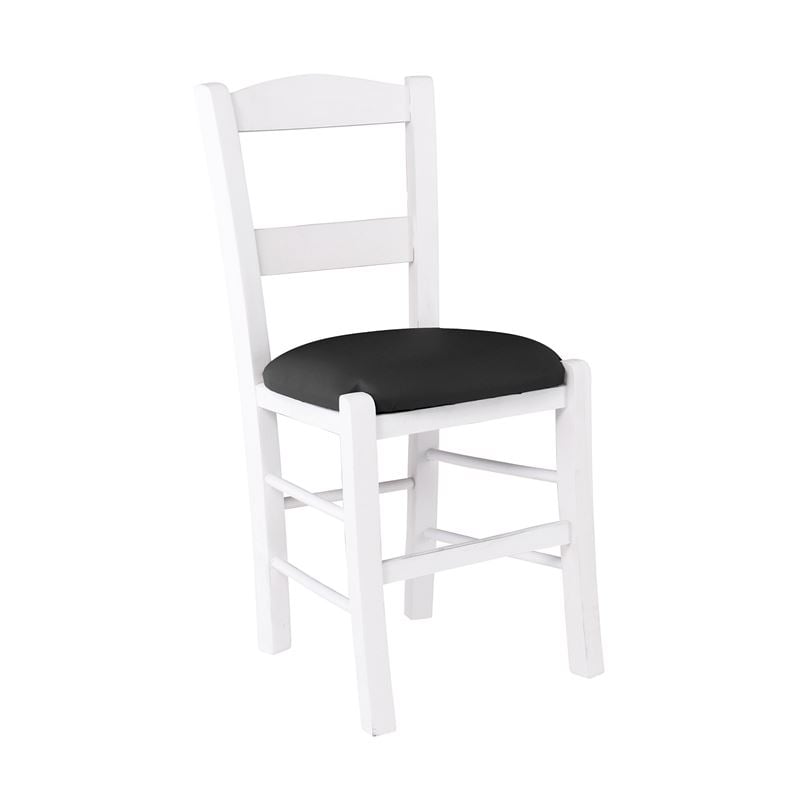 ΣΥΡΟΣ Καρέκλα Οξιά Βαφή Εμποτισμού Λάκα Άσπρο, Κάθισμα Pu Μαύρο