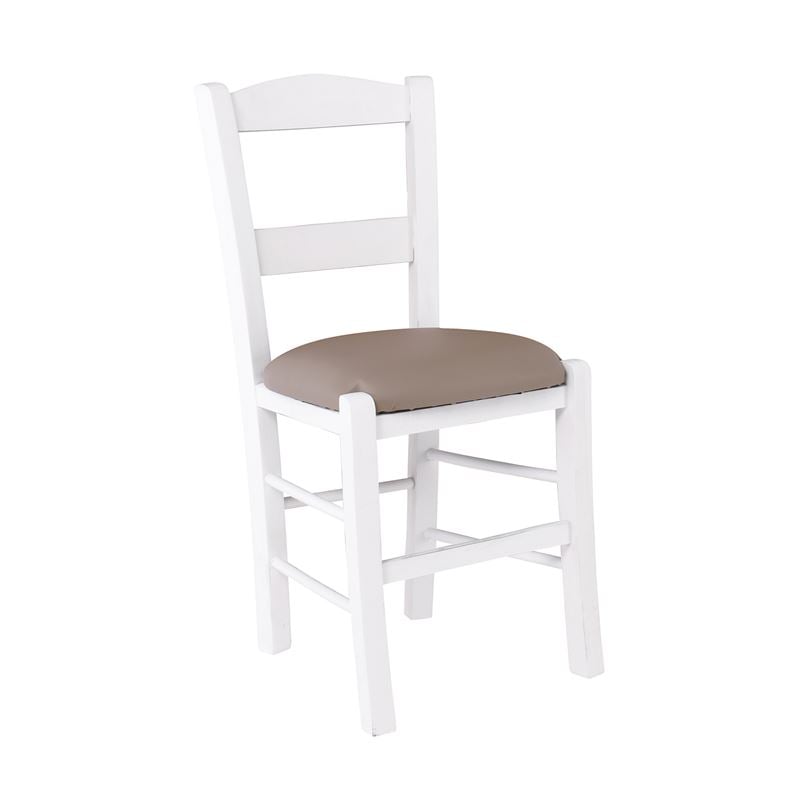 ΣΥΡΟΣ Καρέκλα Οξιά Βαφή Εμποτισμού Λάκα Άσπρο, Κάθισμα Pu Cappuccino