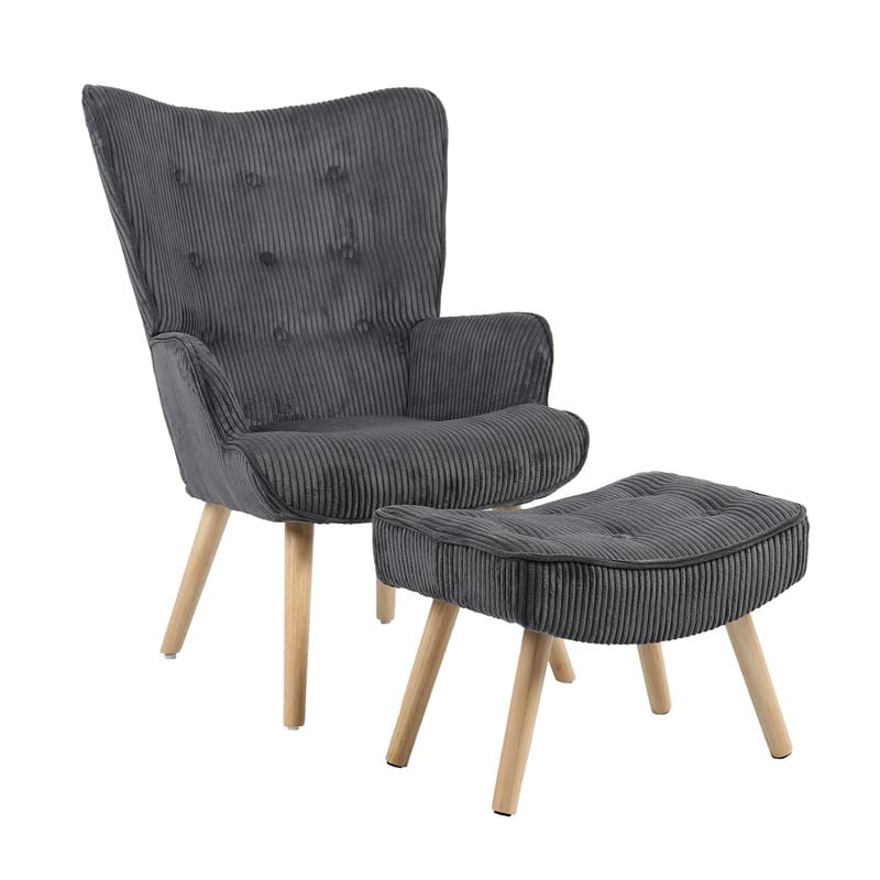 ALMA Πολυθρόνα - Μπερζέρα με Σκαμπό - Υποπόδιο Φυσικό Ύφασμα Κοτλέ Γκρι, K/D