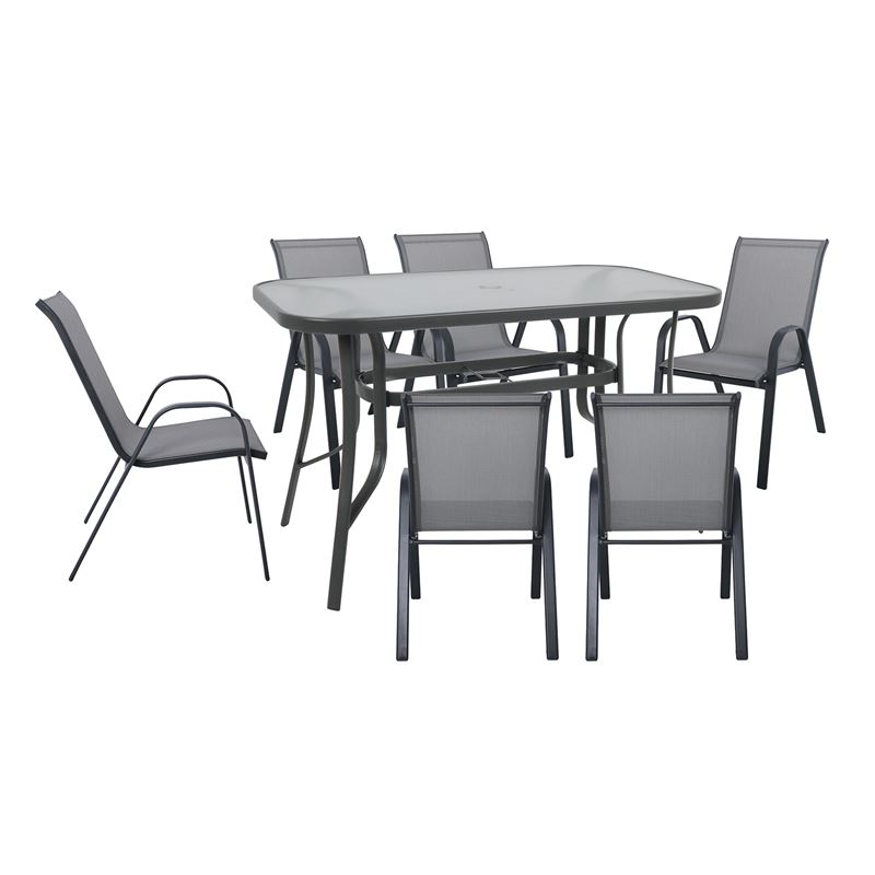 RIO Set Τραπεζαρία Κήπου Μέταλλο Ανθρακί, Textilene Γκρι: Τραπέζι + 6 Πολυθρόνες