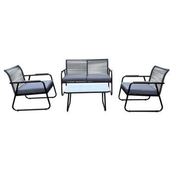 ROCCO Set Σαλόνι Κήπου 4τεμ, Μέταλλο Μαύρο,RopeWicker Γκρι, Μαξιλ.Σκούρο Γκρι, Γυαλί Μαύρο
