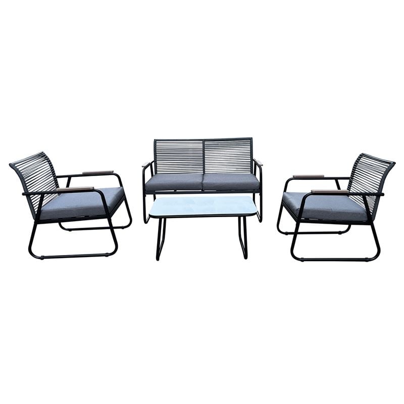 ROCCO Set Σαλόνι Κήπου 4τεμ, Μέταλλο Μαύρο,RopeWicker Γκρι, Μαξιλ.Σκούρο Γκρι, Γυαλί Μαύρο