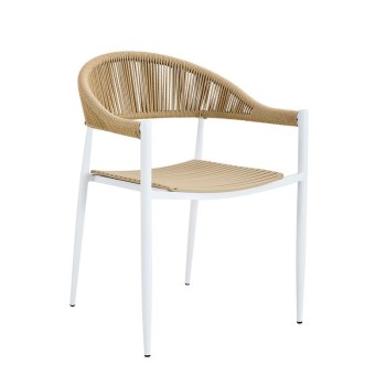 MALTA Πολυθρόνα Στοιβαζόμενη, Μέταλλο Βαφή Άσπρο, PP-UV Μπεζ Rope Wicker Φυσικό