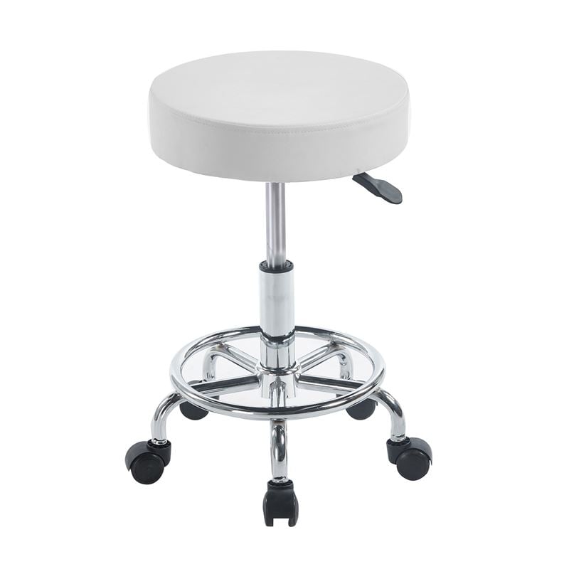 GLORY Σκαμπό με υποπόδιο, Βάση Χρώμιο, PU Άσπρο, Περιστρεφόμενο, Τροχήλατο