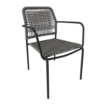 LUIGI Πολυθρόνα Βεράντας-Κήπου Μέταλλο Βαφή Ανθρακί, Rope Wicker Γκρι, Στοιβαζόμενη