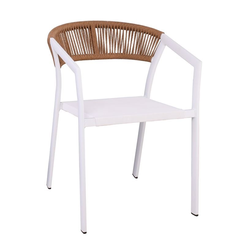 PARMA Πολυθρόνα Βεράντας-Κήπου ALU Άσπρο, Rope Wicker Φυσικό, Textilene Άσπρο, Στοιβαζόμενη